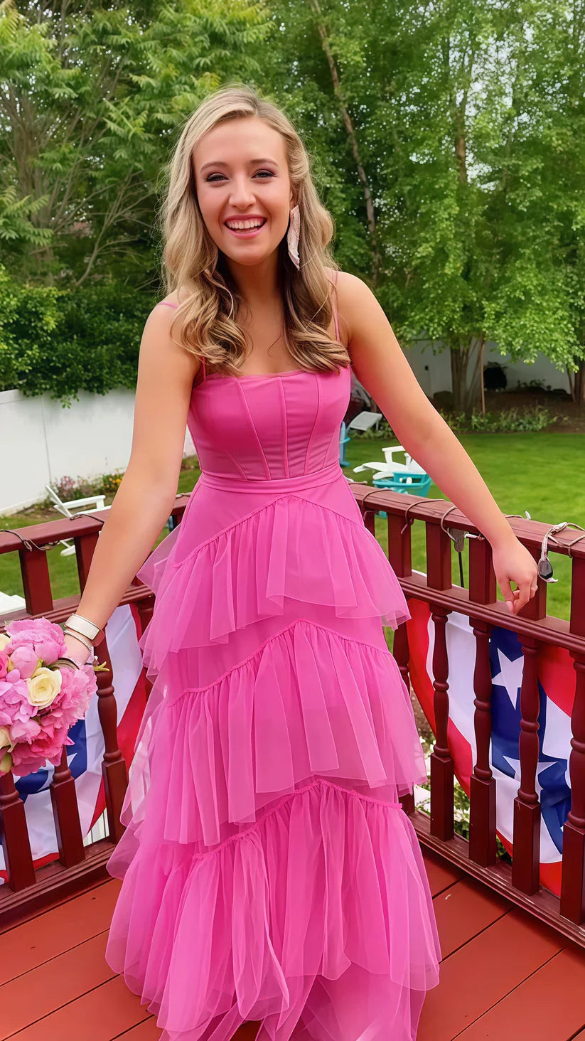 Hot pink elegant fashion long layered tulle bodycon princess ball gown evening dress gh1970