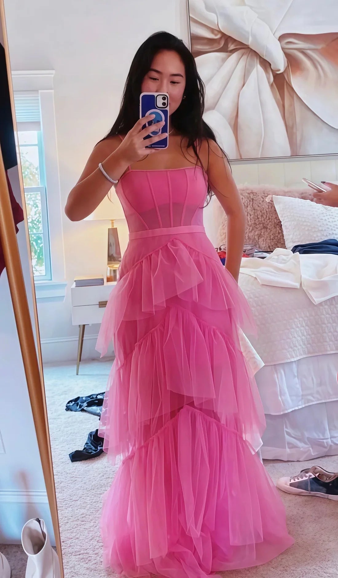 Hot pink elegant fashion long layered tulle bodycon princess ball gown evening dress gh1970