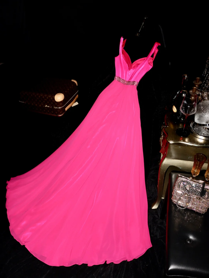 Charming A Line Spaghetti Strap Pink Beaded Satin Chiffon Long Prom Dress Party Dress SH3041