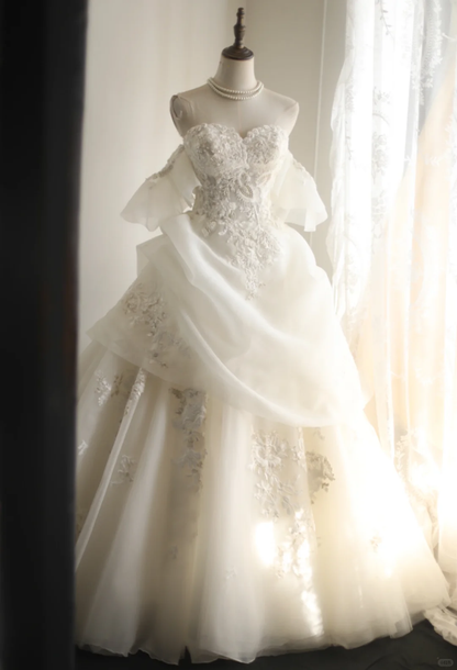 Classy White Tulle Applique Beaded Long Wedding Dress Formal Prom Dress S537