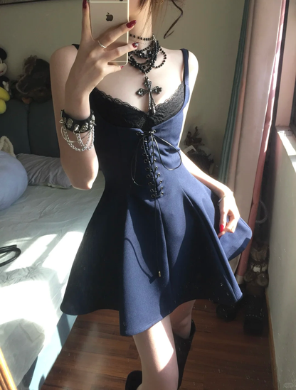 Vintage A Line Straps Black Lace Navy Blue Satin Short Homecoming Dress Cocktail Dress SH3240