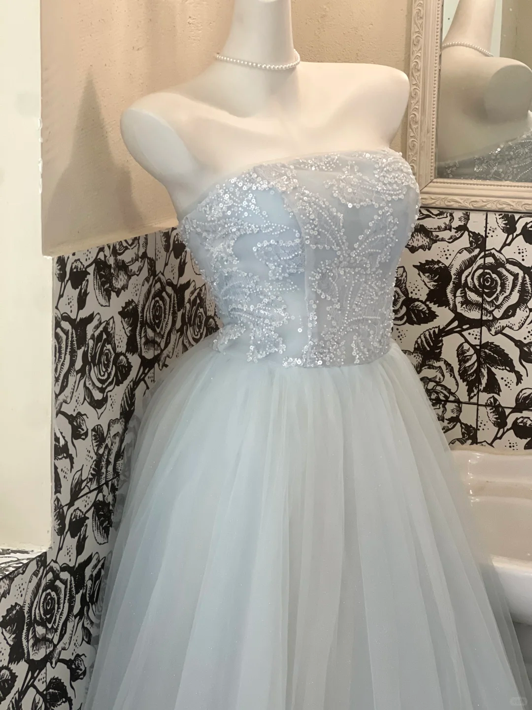 Baby Blue A Line Strapless Beaded Tulle 18th Birthday Dress Prom Dress SH3847