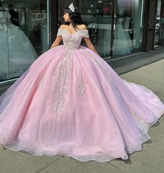 Pink Off the Shoulder Tulle Applique Long Prom Dress Quinceanera Dress Ball Gown SH2198