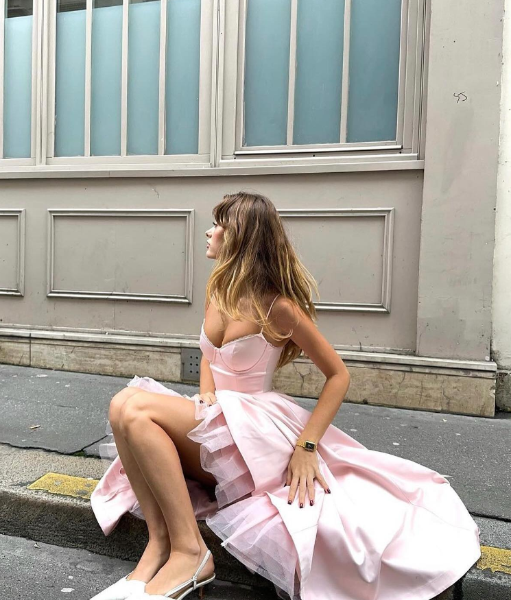 Cute A Line Spaghetti Strap Light Pink Tulle Satin Prom Dress Evening Dress SH2366