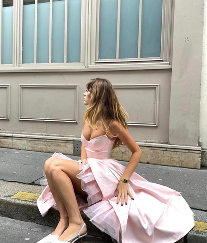 Cute A Line Spaghetti Strap Light Pink Tulle Satin Prom Dress Evening Dress SH2366