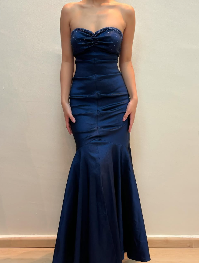 Vintage Mermaid Sweetheart Neck Beaded Navy Blue Satin Prom Dress Evening Dress SH2077