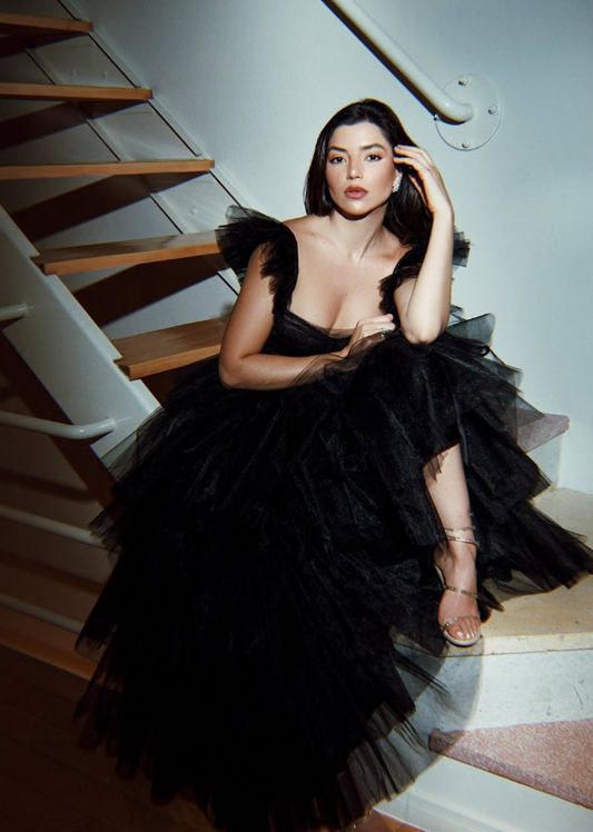 Charming A Line Strap Tiered Tulle Long Prom Dress Evening Dress SH2062
