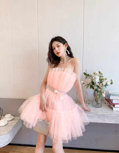 Pink A Line Strapless Tulle Short Outfit Party Dress Homecoming Dress Birthday Dress SH3527