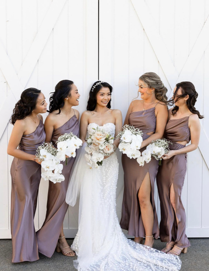 Simple Sheath One Shoulder Brown Satin Evening Dress Bridesmaid Dress with Slit SH2697