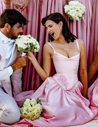 Pink A Line Spaghetti Straps Appliques Satin Long Prom Dress Evening Dress SH1787