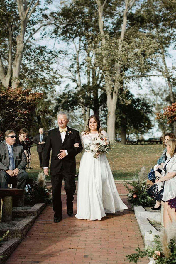 Lace Top Ivory Chiffon Plus Size Wedding Dresses with Long Sleeves  WD462