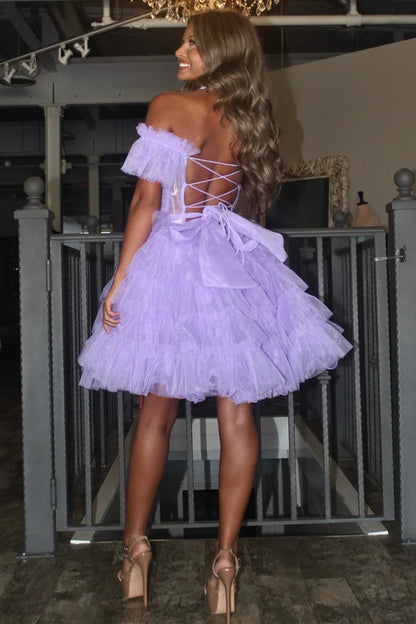 Lavender Off-the-Shoulder Lace-Up Ruffle Tiered Homecoming Dress