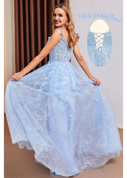 Light Blue Off The Shoulder Applique Lace Prom Dress Senior Graduation Dress