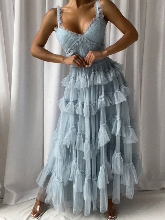 Light Blue Tulle Layers Long Prom Dress