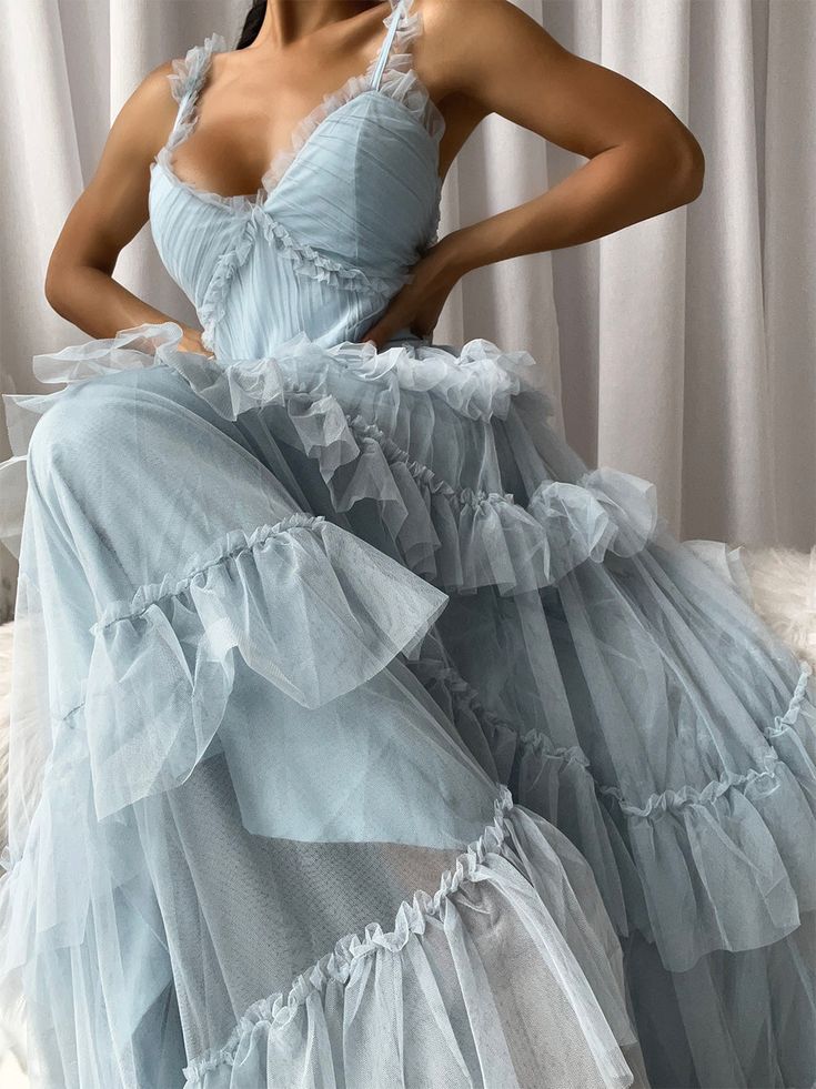 Light Blue Tulle Layers Long Prom Dress