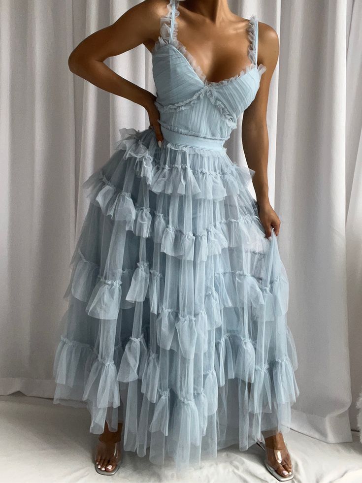 Light Blue Tulle Layers Long Prom Dress