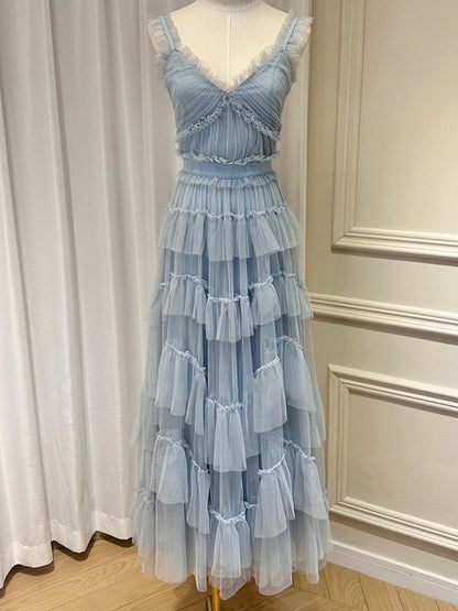 Light Blue Tulle Layers Long Prom Dress