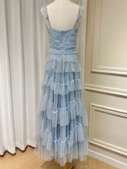 Light Blue Tulle Layers Long Prom Dress