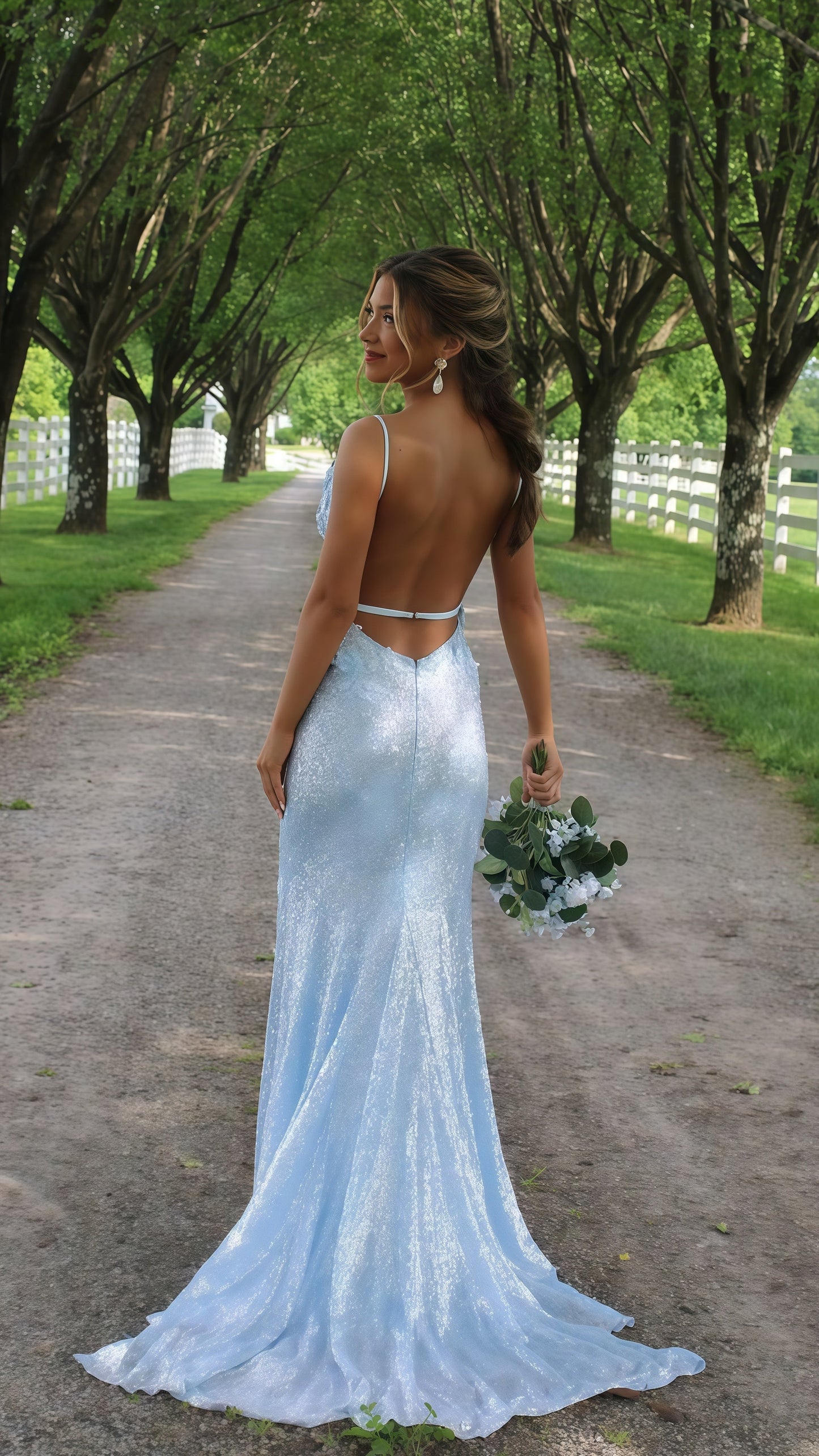Light Blue V-neck Party Dress, Floral Open Back Senior Prom Dress