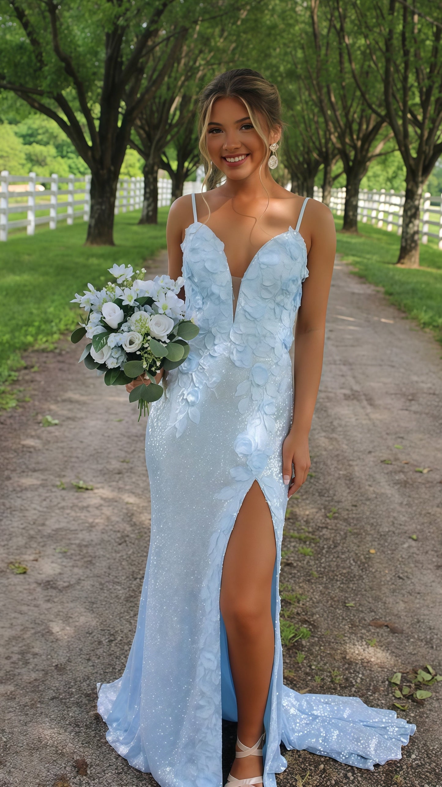 Light Blue V-neck Party Dress, Floral Open Back Senior Prom Dress