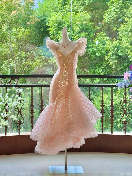 Pink Gorgeous Elegant Shiny Long Mermaid Tulle Quinceanera Dresses Ball Gown Graduation Dress Princess gh5003