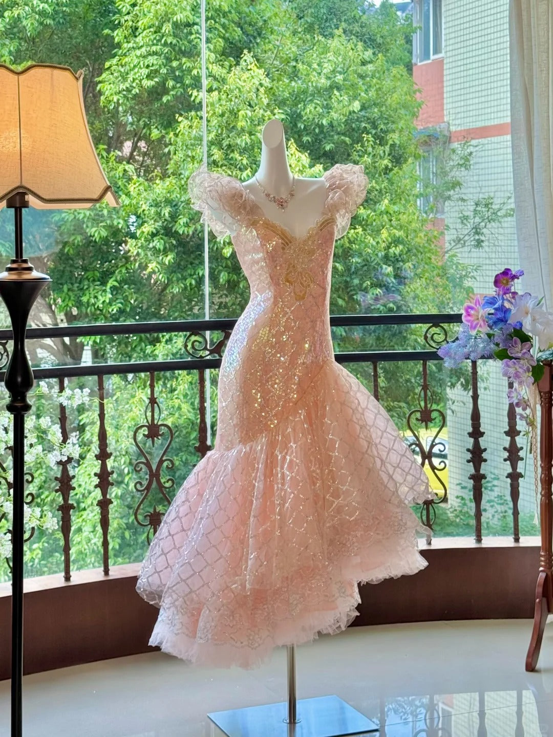 Pink Gorgeous Elegant Shiny Long Mermaid Tulle Quinceanera Dresses Ball Gown Graduation Dress Princess gh5003