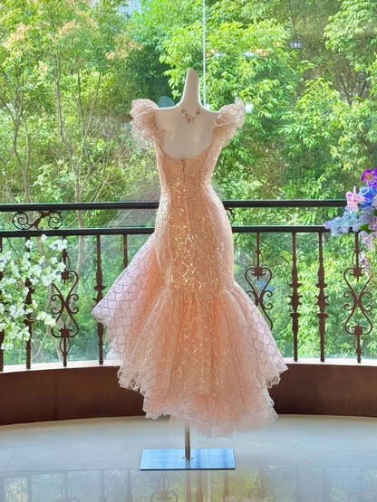 Pink Gorgeous Elegant Shiny Long Mermaid Tulle Quinceanera Dresses Ball Gown Graduation Dress Princess gh5003