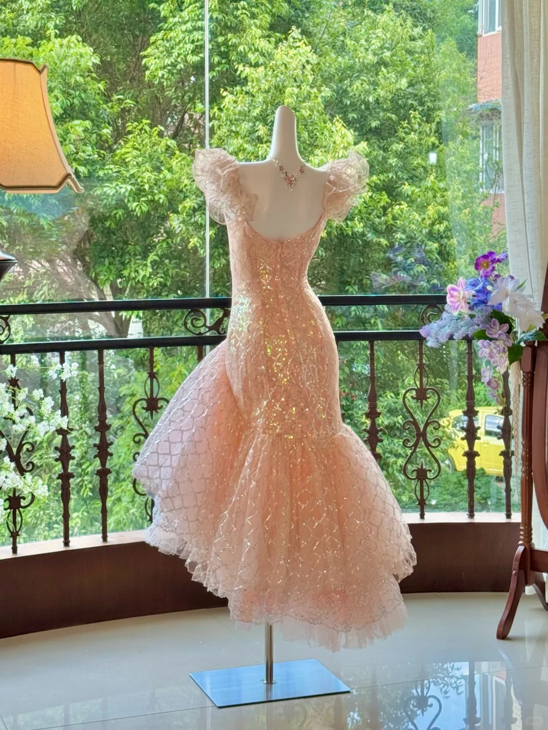 Pink Gorgeous Elegant Shiny Long Mermaid Tulle Quinceanera Dresses Ball Gown Graduation Dress Princess gh5003