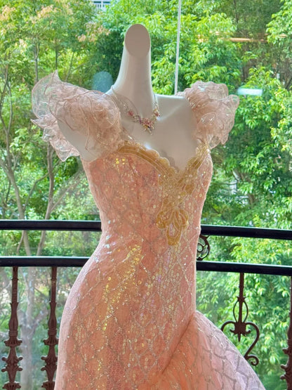 Pink Gorgeous Elegant Shiny Long Mermaid Tulle Quinceanera Dresses Ball Gown Graduation Dress Princess gh5003