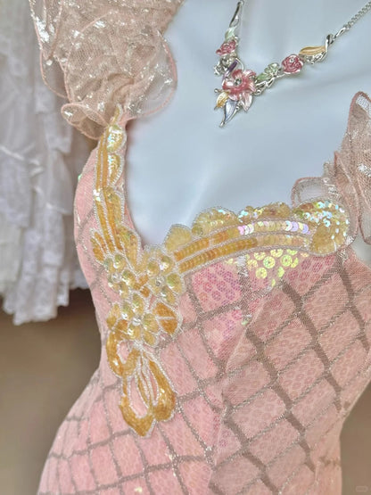 Pink Gorgeous Elegant Shiny Long Mermaid Tulle Quinceanera Dresses Ball Gown Graduation Dress Princess gh5003