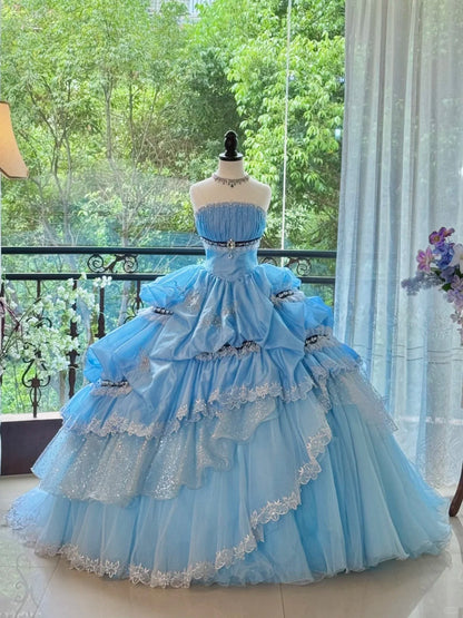 Blue Gorgeous Elegant Sweet Long Tulle Quinceanera Dresses Ball Gown Graduation Dress Princess gh5004