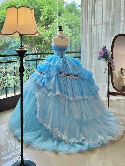 Blue Gorgeous Elegant Sweet Long Tulle Quinceanera Dresses Ball Gown Graduation Dress Princess gh5004