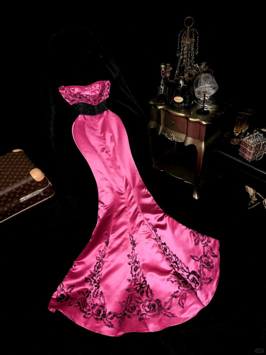 Pink floral long satin ball gown evening party dress gh4422