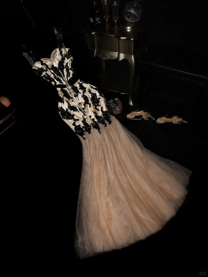 Champagne Black Floral Applique Long Satin Ball Gown Evening Dress gh4423