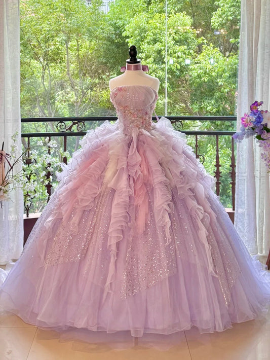 preppydressess-Quinceanera Dresses Pink Purple Gorgeous Elegant Shiny Floral Sequin Long Tulle Prom Dress Graduation Dress gh5001