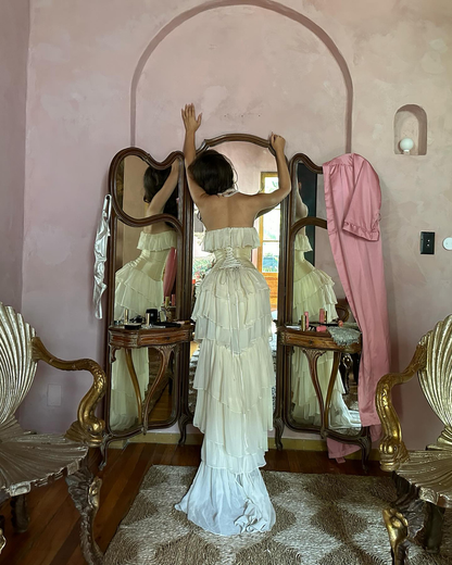 Vintage A line Strapless White Chiffon Long Prom Dresses P1771