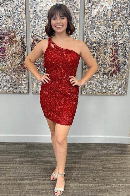 Cute One Shoulder Sequin Backless Homecoming Dress
