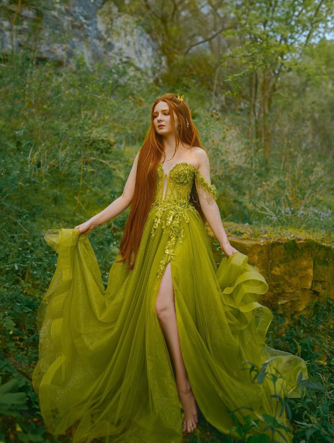 Fairy A Line Off the Shoulder Corset Appliques Green Tulle Prom Dress Evening Dress SH2180