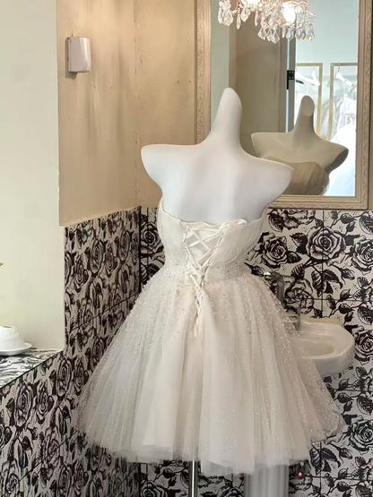 White Ball Gown Sweetheart Neck Beaded Tulle Short Homecoming Dress Birthday Dress SH3858