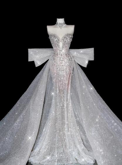 Stunning Mermaid Strapless Rhinestone Sequin Tulle Long Prom Dress Party Dress with Slit SH3250