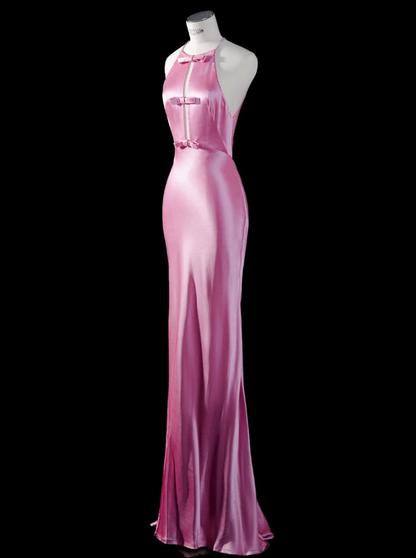 Cute Mermaid Halter Bow Pink Satin Open Back Prom Dress Graduation Prom Dress SH2462