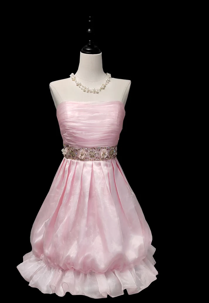 Cute Strapless Tulle Beaded Pink A Line Short Prom Dress Homecoming Dress S919