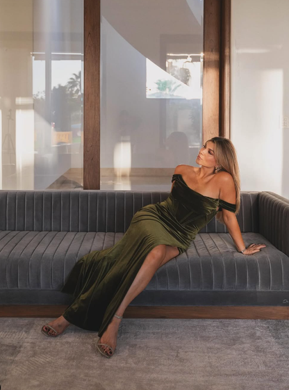 Green Sheath Off the Shoulder Corset Velvet Long Prom Dress Evening Dress with Slit SH2034
