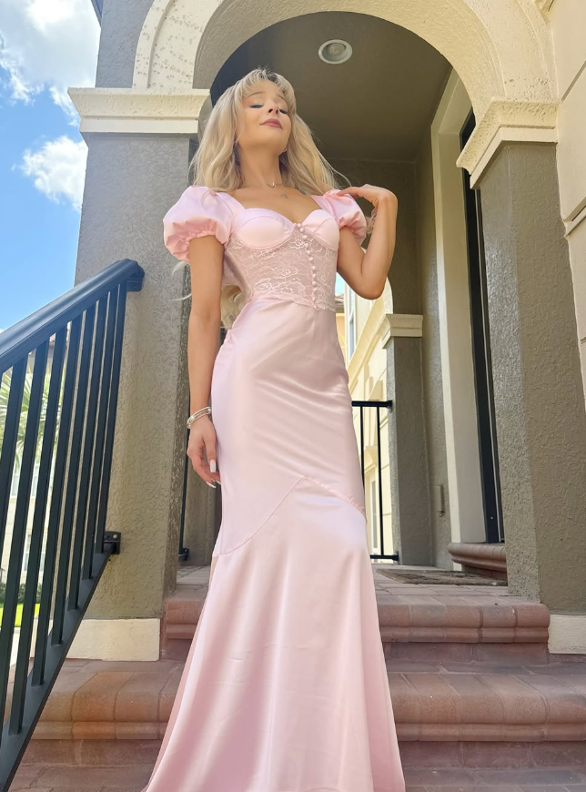 Princess Pink Mermaid Puff Lace Satin Prom Dress Cocktail Dress SH3744