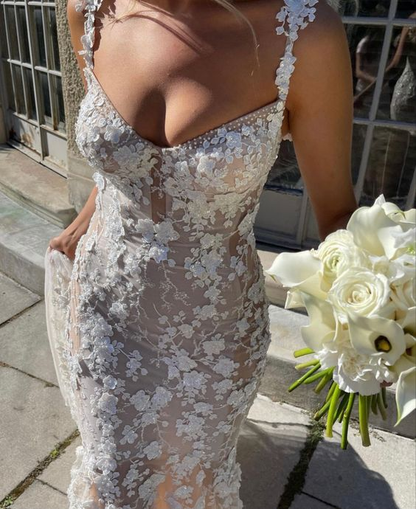 Elegant Long Mermaid Lace Applique Prom Dress Wedding Dress Evening Dress SH1079