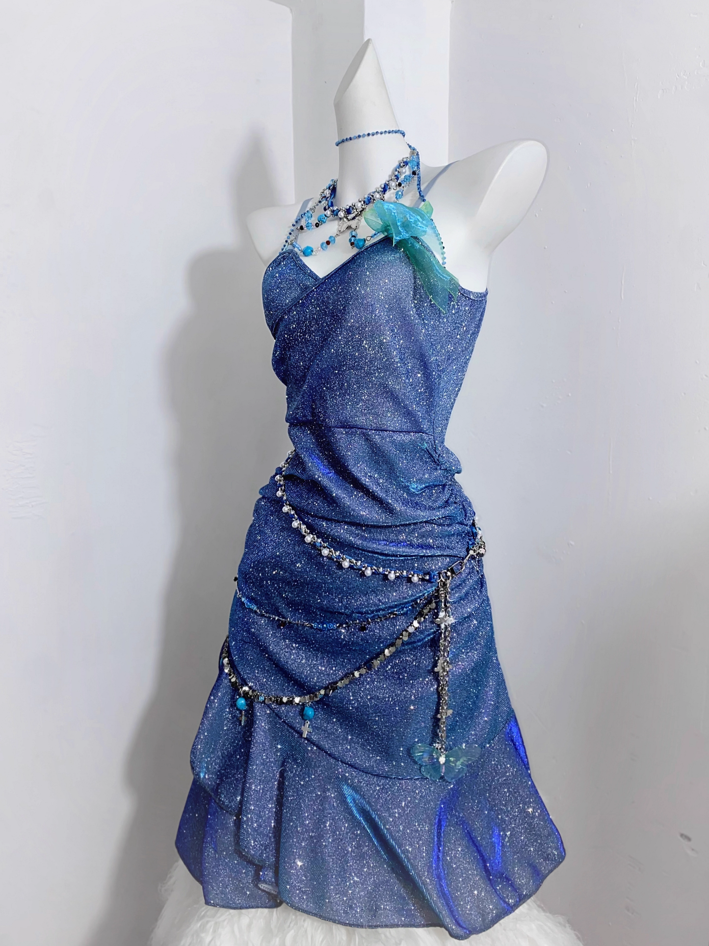 Glitter Spaghetti Straps Navy  Blue Ruffles Short Homecoming Dress Birthday Outfits  S607