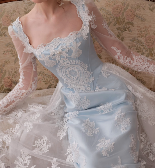 Gentle Baby Blue Satin White Lace Long Sleeve Prom Dress Party Dress Birthday Dress SH3754
