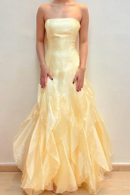 Yellow elegant fashion off-shoulder sleeveless tube top long chiffon ruffle formal prom dress evening dress party dress gh3480