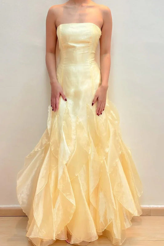 Yellow elegant fashion off-shoulder sleeveless tube top long chiffon ruffle formal prom dress evening dress party dress gh3480