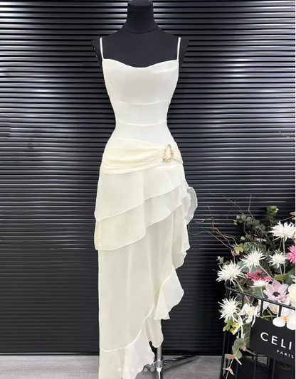 Gorgeous High Low Straps Ivory Chiffon Prom Dresses Formal Summer Wedding Guest Dresses Wedding Guest Outfits DP754